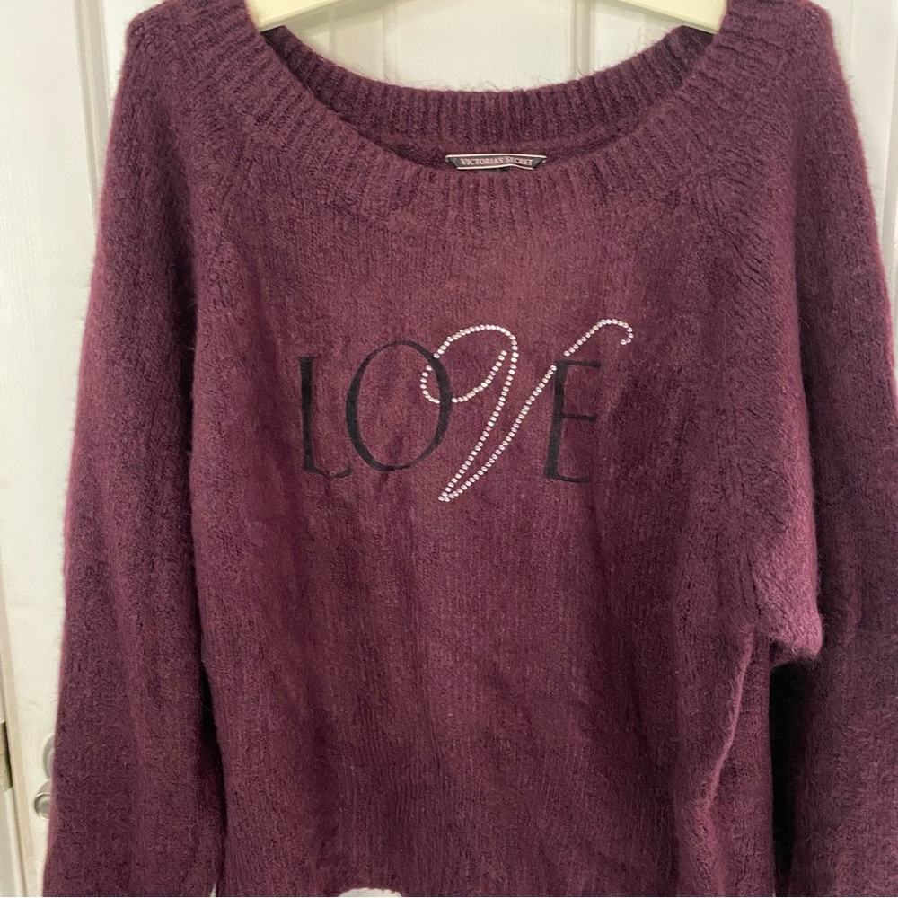 VICTORIA'S SECRET Size XL Purple LOVE Rhinestone Bling Slouchy Fuzzy Sweater NEW